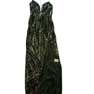 Valiant Paris Elegant Green Sequin Gown Dress High Slit Size Small